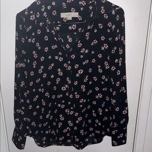 LOFT Black and Pink Floral Button Down Shirt